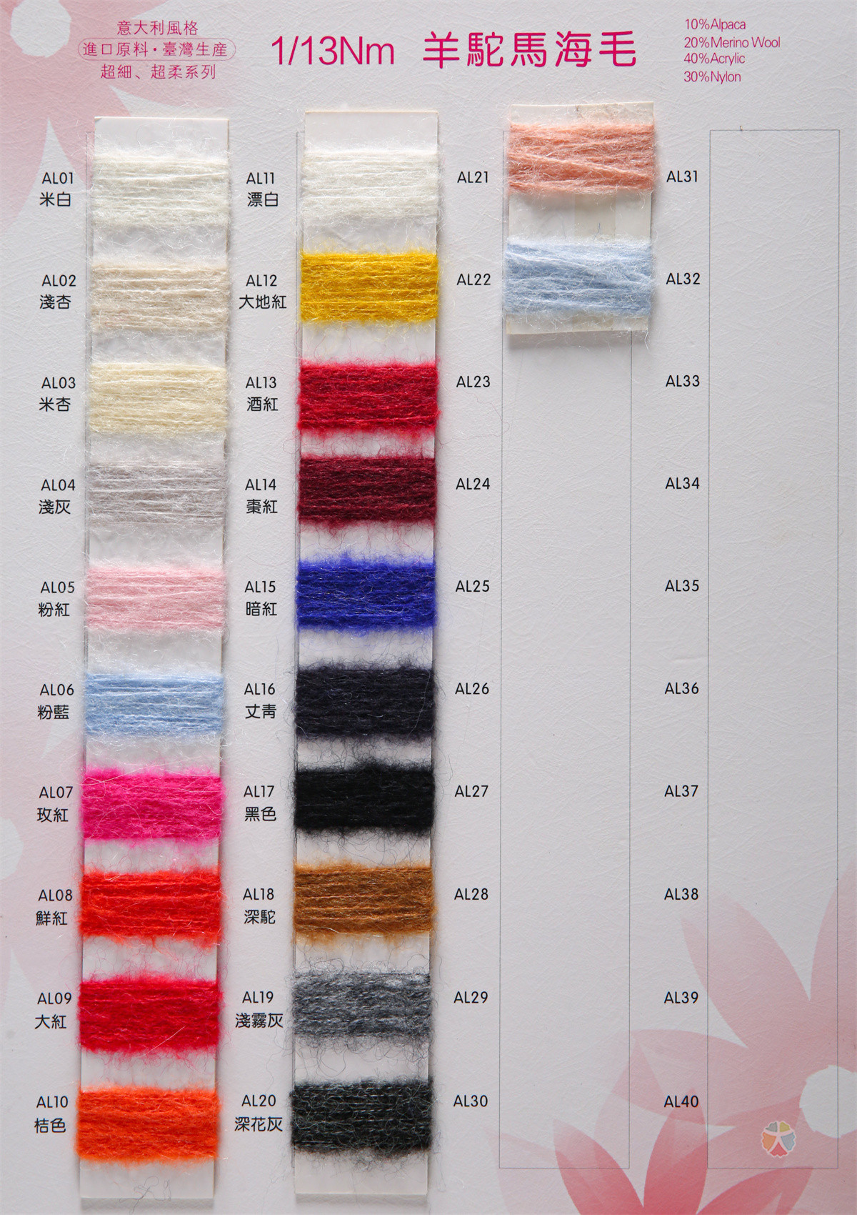 1/13NM 53%alpaca 30%nylon 17%Merino wool