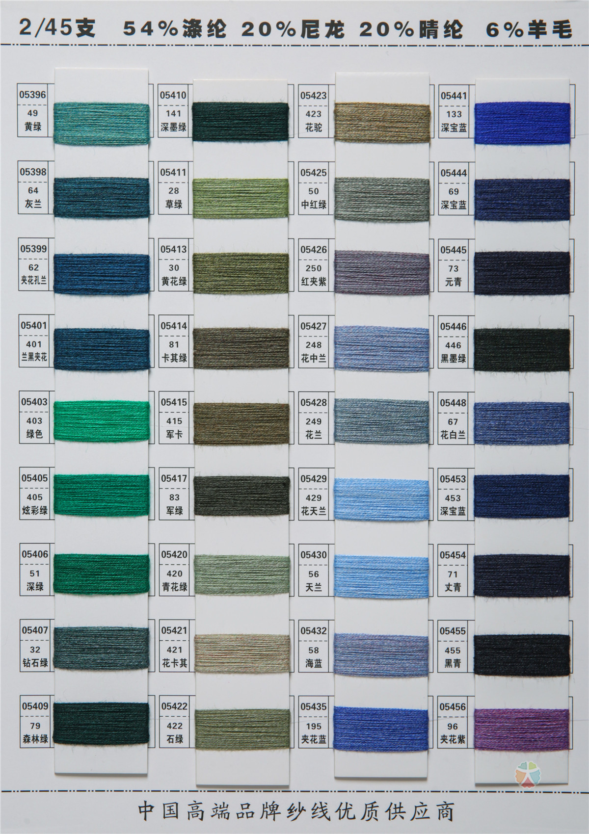 2/45NM 54Polyester 20Nylon 20Acrylic 6Wool