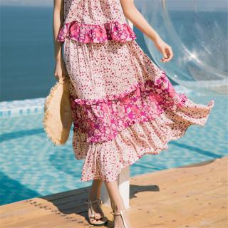 荷叶边大摆裙女夏季新款印花长裙半身裙海边度假沙滩裙外贸女装