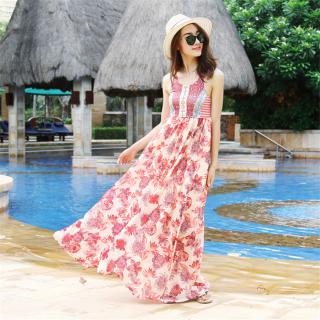 夏季新款海滩裙波西米亚印花沙滩长裙露背海边度假雪纺连衣裙