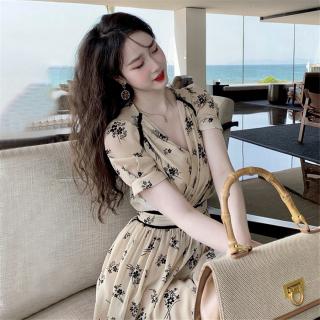 法式复古优雅气质宫廷风收腰显瘦飘逸雪纺V领印花连衣裙子女夏季