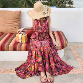 民族风碎花连衣裙女夏季显瘦吊带裙两件套海边度假沙滩裙外贸女装