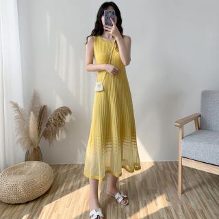 2021春夏圆领背心连衣裙女夏修身显瘦a字裙冰丝无袖打底针织长裙