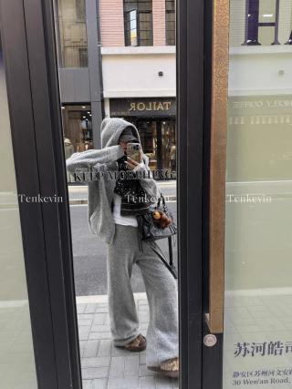 懒人挚爱连帽拉链毛衣开衫宽松直筒针织长裤休闲套装女秋冬