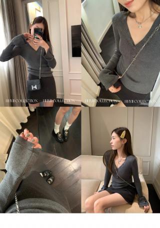 V领双袖口针织打底衫女秋冬韩版紧身长袖内搭上衣