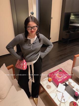 假两件套针织衫女秋冬季韩系温柔风修身显瘦打底衫上衣