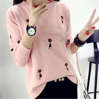 刺绣猫咪打底衫圆领长袖毛衣