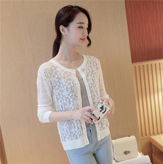 薄针织衫女开衫 短款外搭蕾丝镂空针织空调衫女防晒衫披肩女