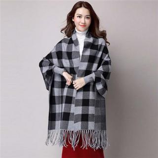 秋季新款针织衫斗篷流苏披肩格子毛衣
