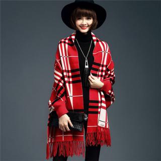 秋装新款英伦风格子披肩毛衣外套