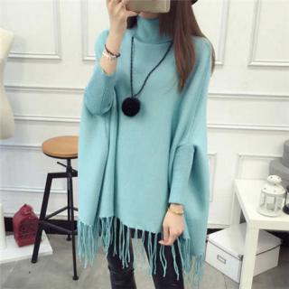 秋冬宽松韩版纯色蝙蝠袖流苏针织斗篷披肩女装