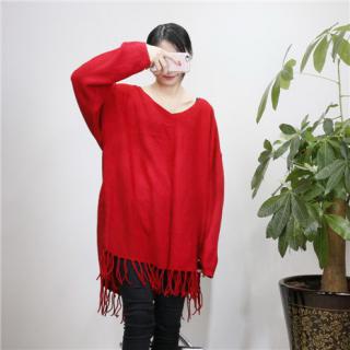欧美风 流苏下摆宽松蝙蝠袖V领套头毛衣